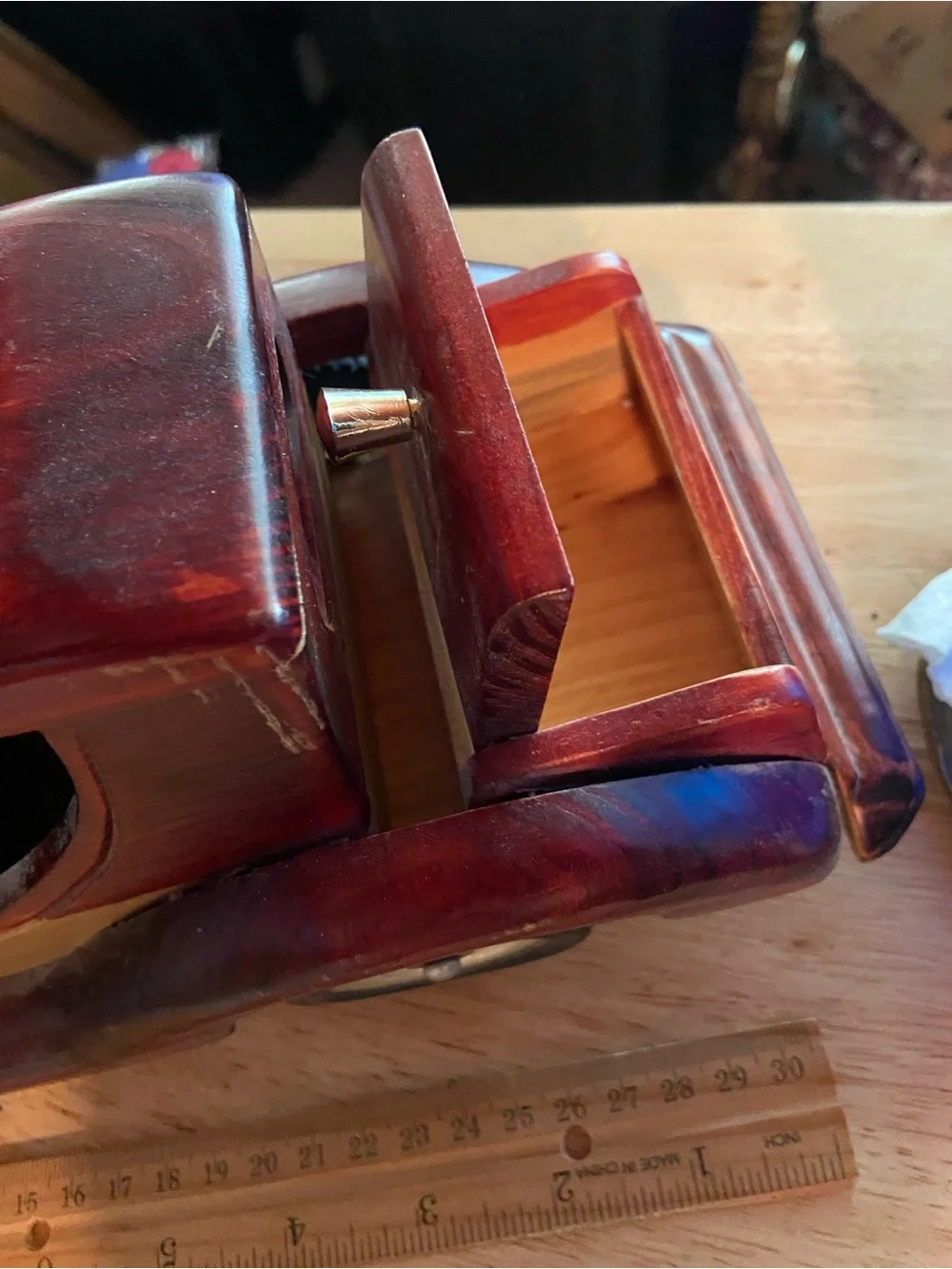 Handcrafted Wooden Vintage Car Decor in Burgundy and Natural Wood
